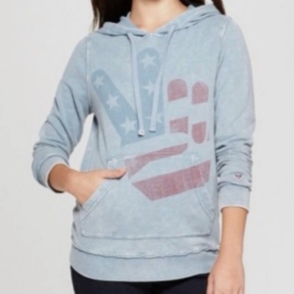 Junk Food Peace Sign American Flag Sweatshirt Long Sleeve Distressed Hoodie L - Picture 1 of 11